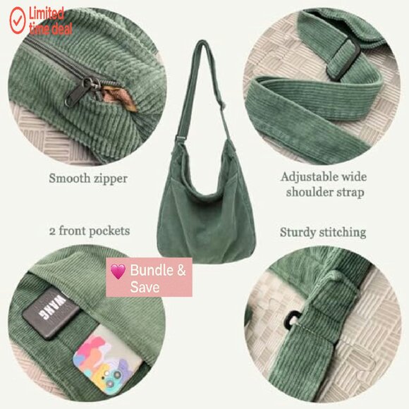 Corduroy Tote Bag with Zipper, Adjustable Strap, Large Capacity - Picture 7 of 8